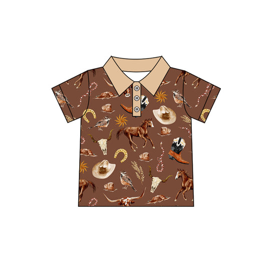 Baby Boys Brown Short Sleeves Button Hats Horses Polo Shirts Top Preorder