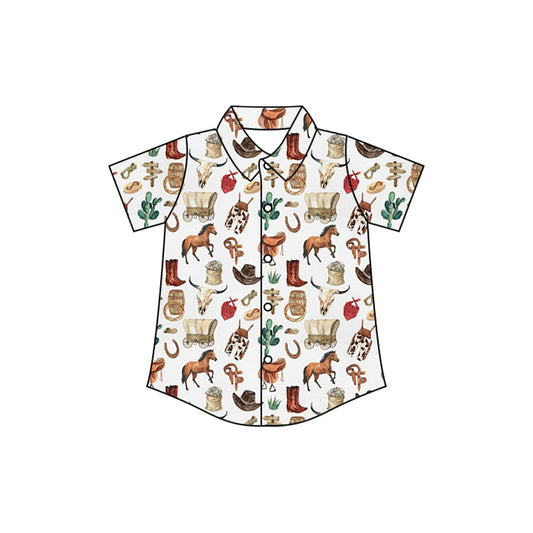 Baby Boys Short Sleeves Button Boots Horses Shirts Top Preorder