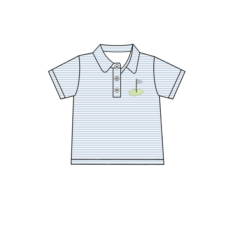 Preorder moq 5 Baby Boys Blue Stripe Short Sleeves Button Golf Flag Polo Shirts Top