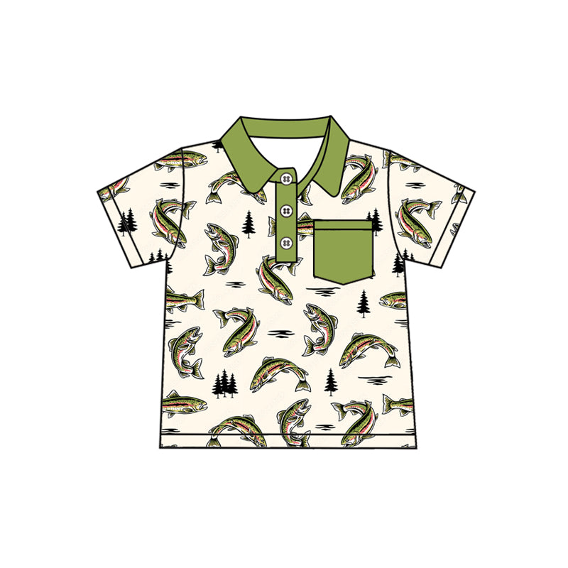 Baby Boys Green Short Sleeves Fishes Button Pockets Polo Shirts Top Preorder