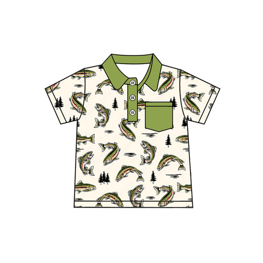 Baby Boys Green Short Sleeves Fishes Button Pockets Polo Shirts Top Preorder
