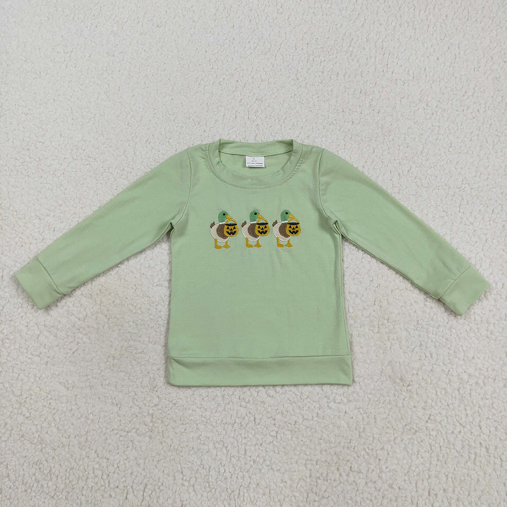 Embroidery Baby Boys Green Long Sleeves Ghost Pumpkins Ducks Tee Shirts Tops