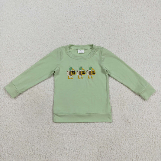 Embroidery Baby Boys Green Long Sleeves Ghost Pumpkins Ducks Tee Shirts Tops
