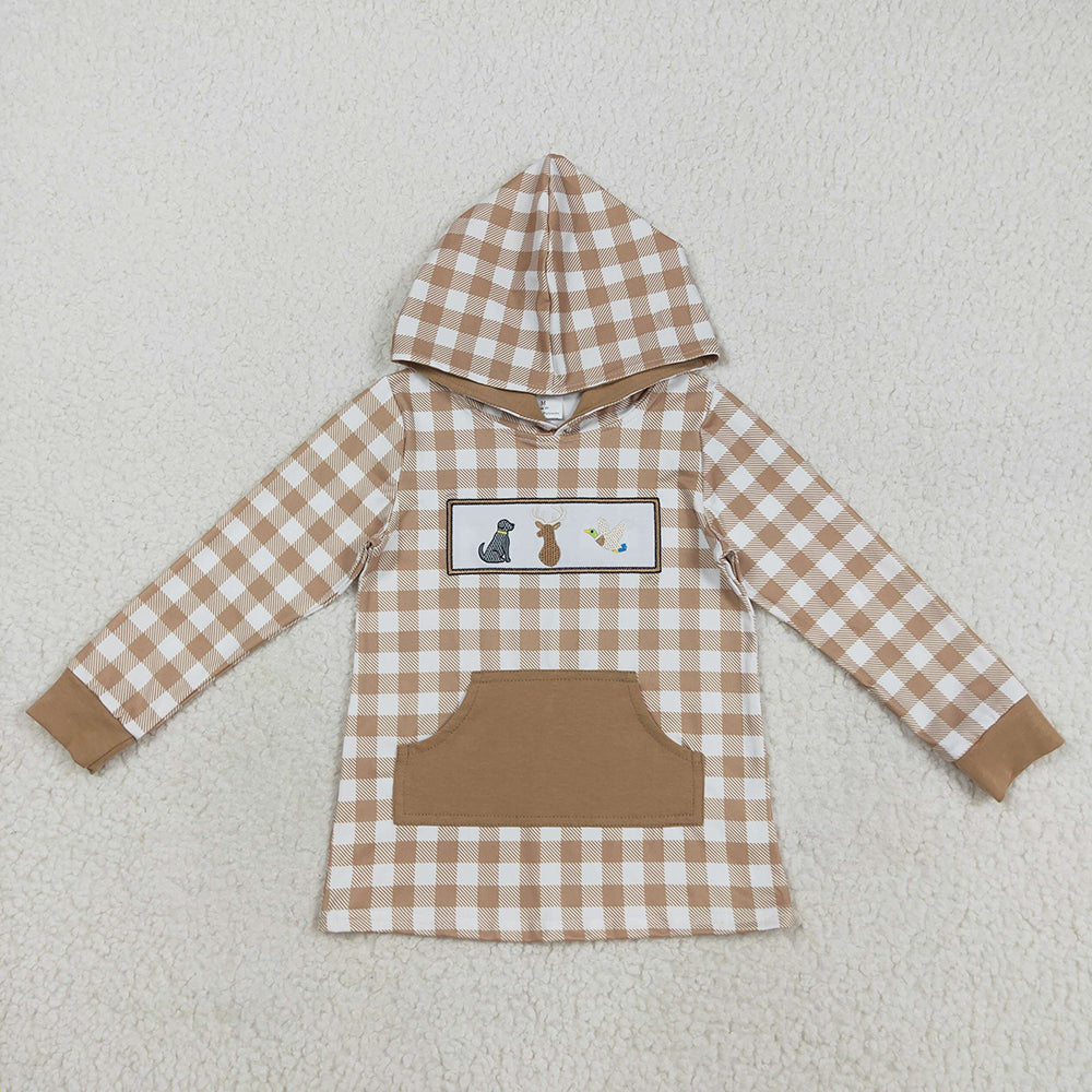 Embroidery Dogs Deer Ducks Baby Boys Khaki Plaid Pocket Western Hoodies Top
