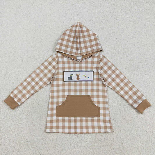 Embroidery Dogs Deer Ducks Baby Boys Khaki Plaid Pocket Western Hoodies Top