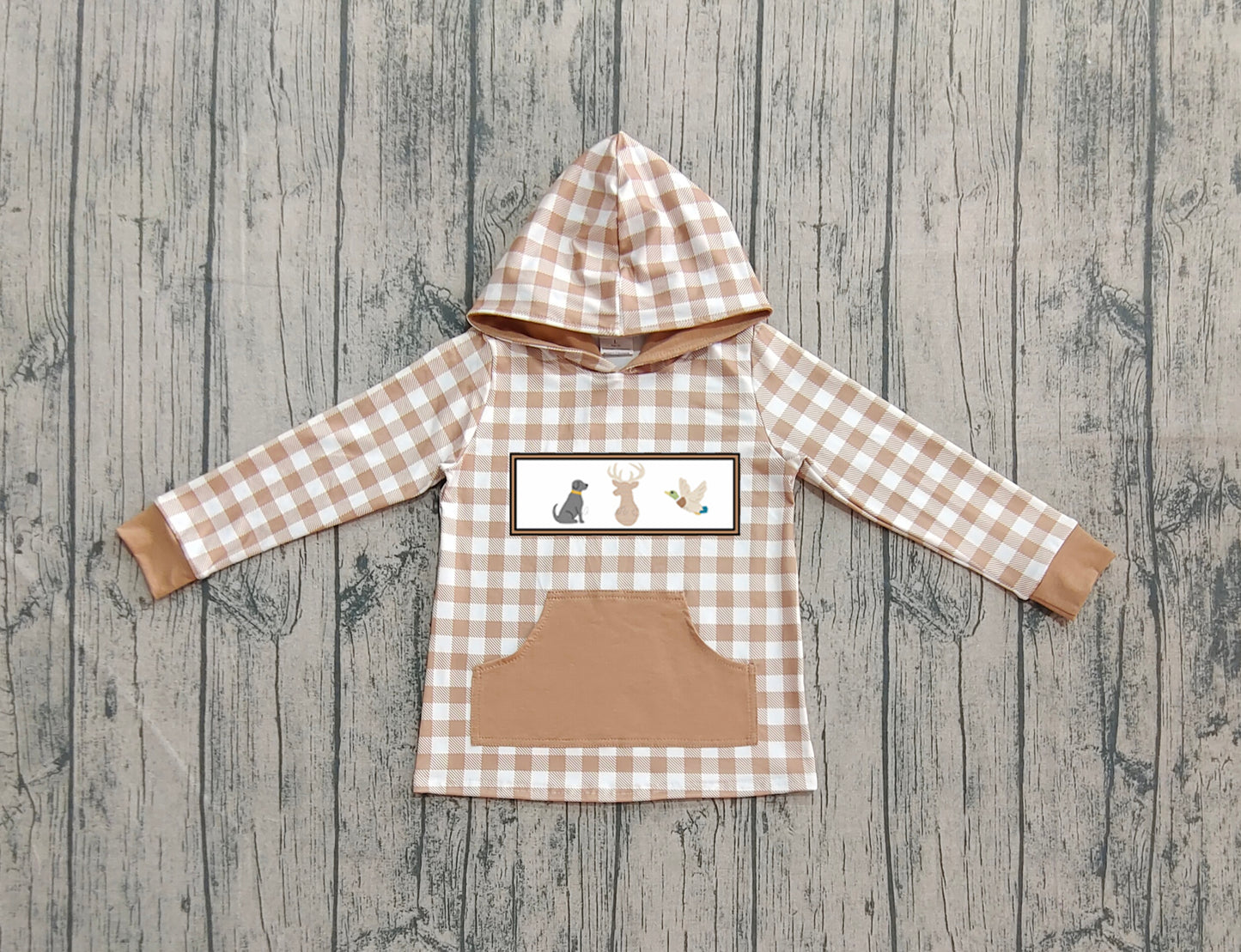 Embroidery Dogs Deer Ducks Baby Boys Khaki Plaid Pocket Western Hoodies Top