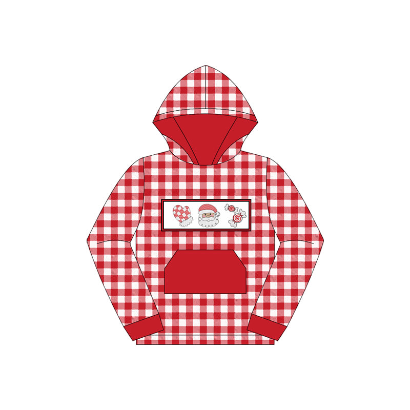 Preorder moq 5 Baby Boys Red Checked Santa Candy Pocket Christmas Hoodies Top