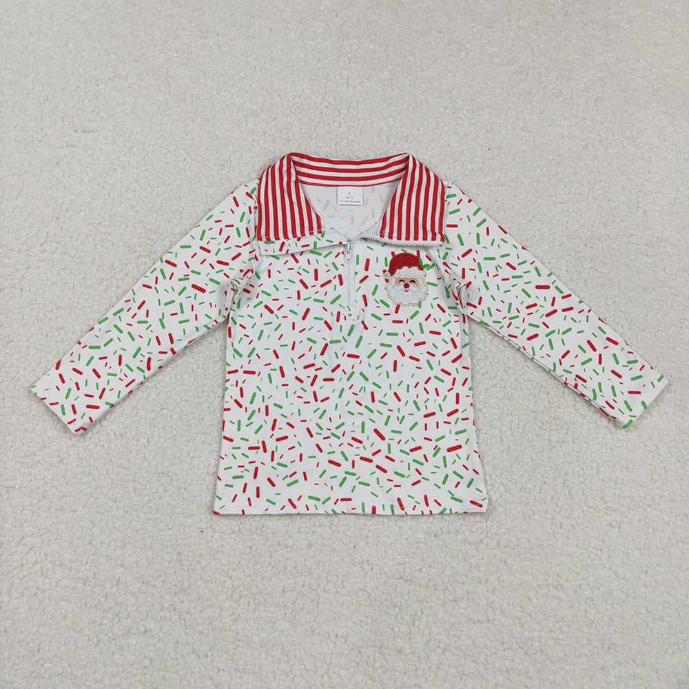 Embroidery Santa Baby Girls Red Green Sprinkles Zipper Pullovers Top