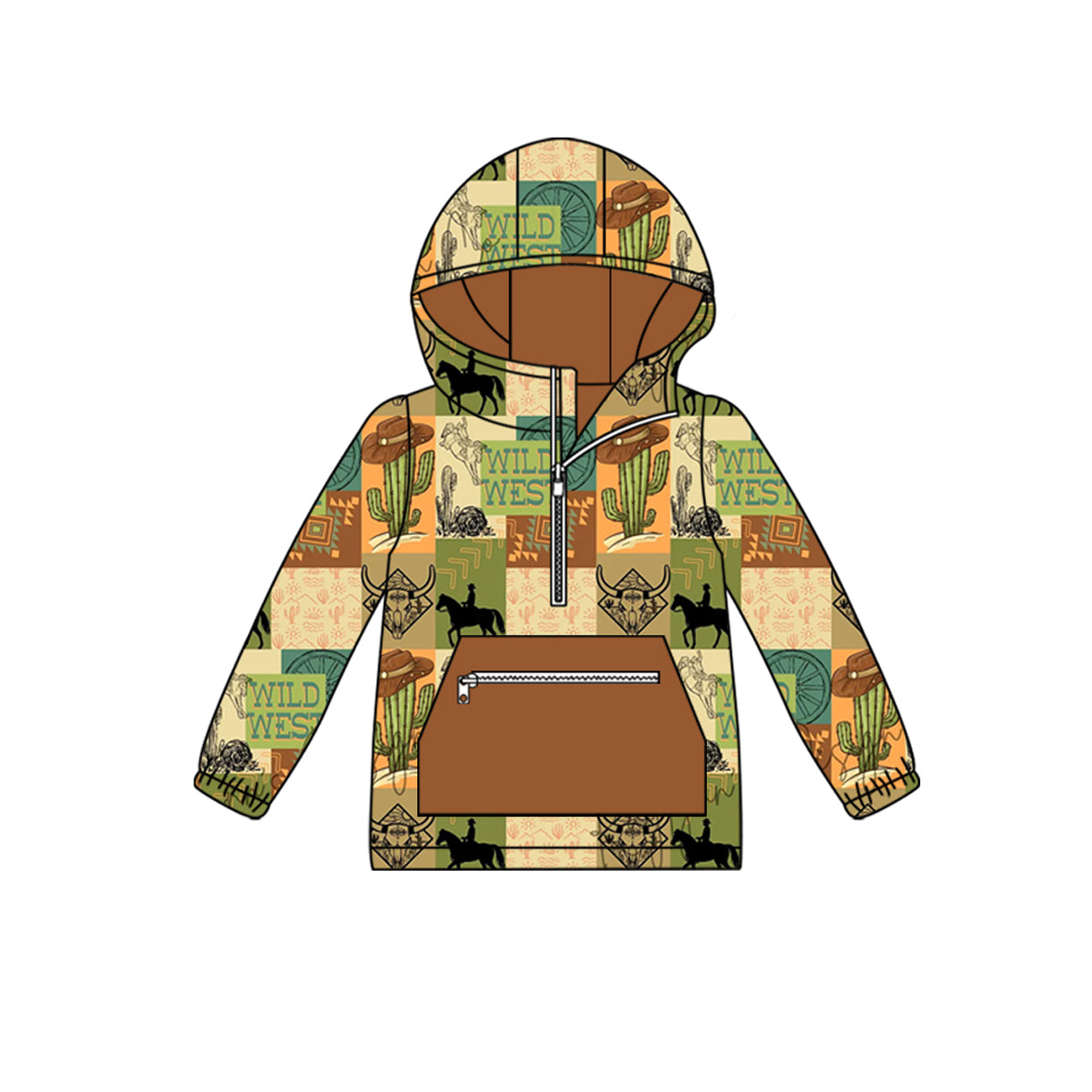 Baby Boys Bull Skull Cactus Pocket Zipper Western Hoodies Top Preorder
