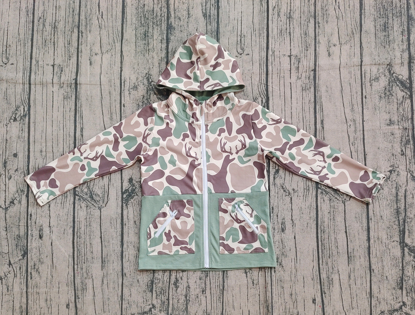 Baby Boys Brown Deer Camo Pocket Zipper Western Hoodies Top Preorder