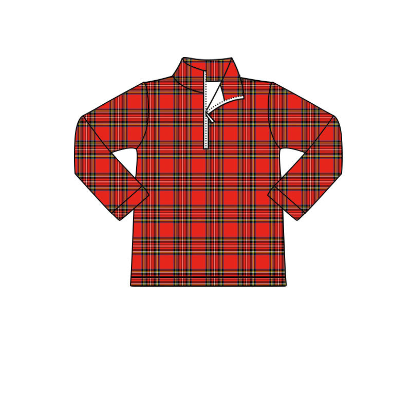 Baby Boys Long Sleeve Red Green Checked Christmas Zipper Pullovers Top Preorder