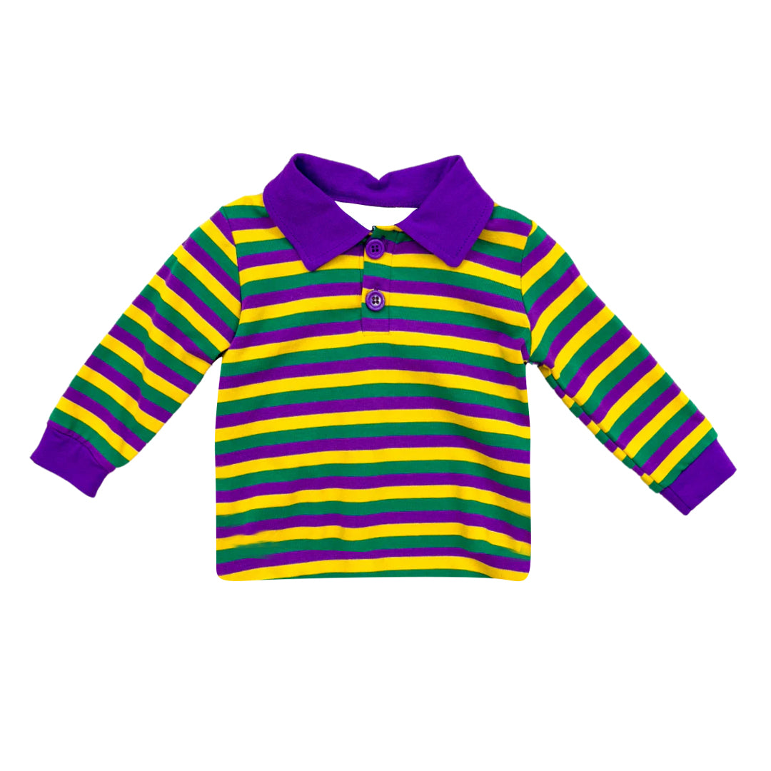 Baby Boys Purple Yellow Green Stripe Mardigras Button Polo Shirts Top Preorder