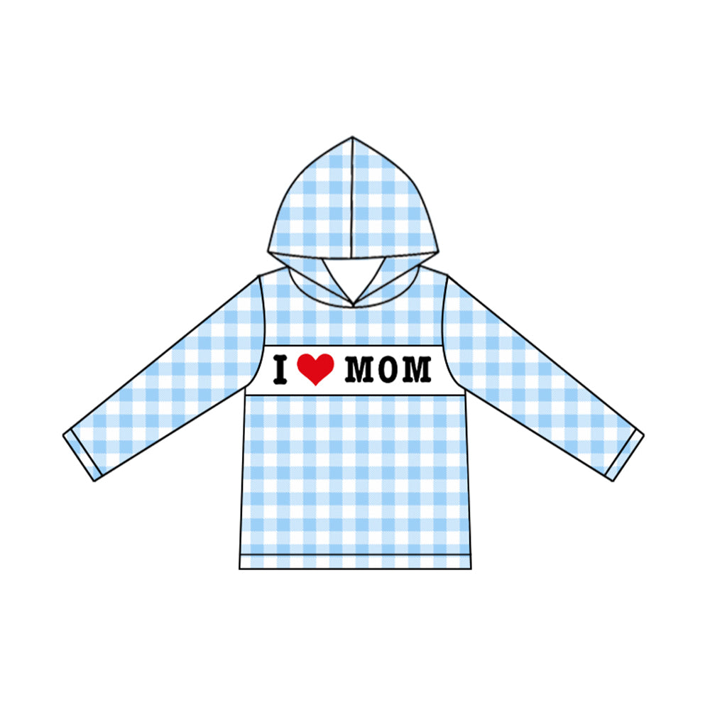 Baby Boys Blue Checked I Love Mom Hoodie Top Preorder