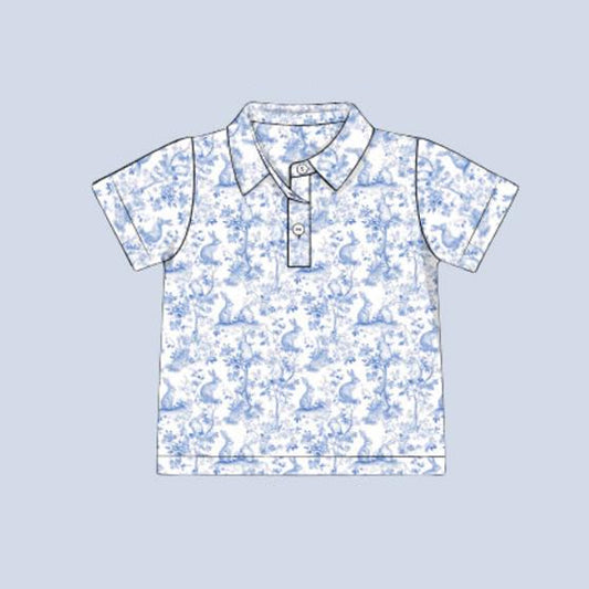 Baby Boys Short Sleeve Blue Rabbits Floral Easter Button Polo Shirts Top Preorder