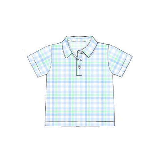 Baby Boys Short Sleeve Blue Aqua Checked Button Polo Shirts Top Preorder