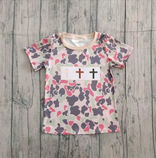 Embroidery Crosses Baby Boys Short Sleeve Camo Easter T-shirts Top
