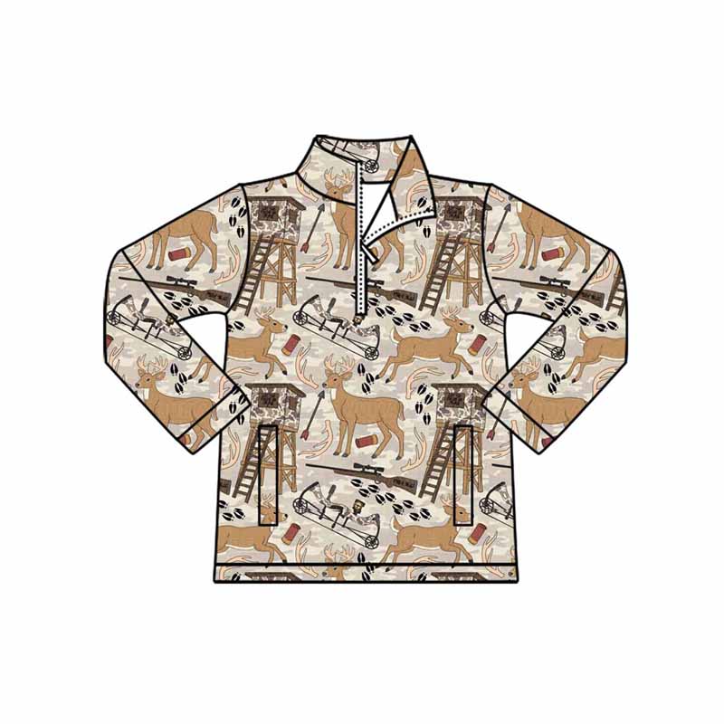 Baby Boys Khaki Long Sleeve Deer Hunting Pockets Zipper Pullovers Top