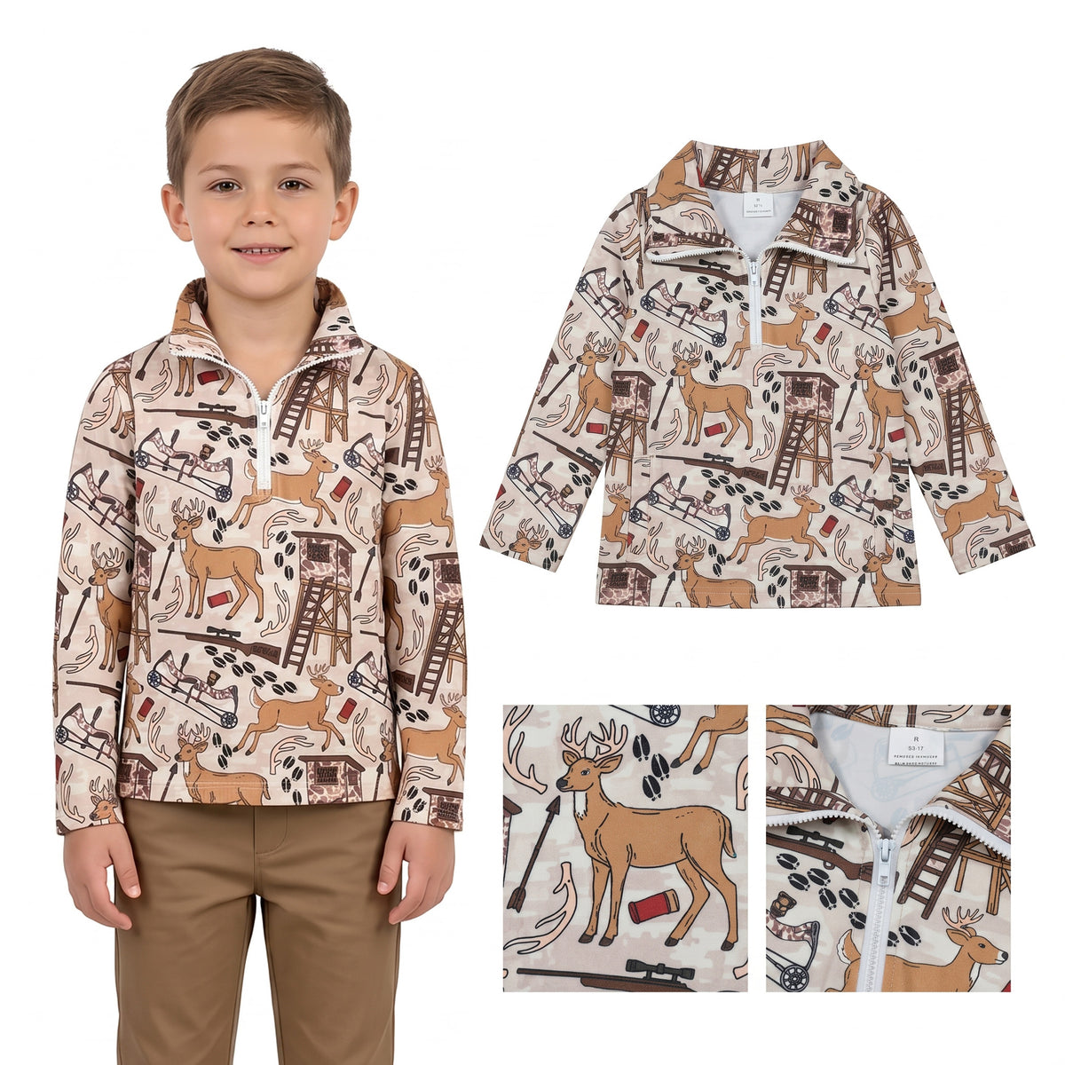 Baby Boys Khaki Long Sleeve Deer Hunting Pockets Zip Pullovers Top