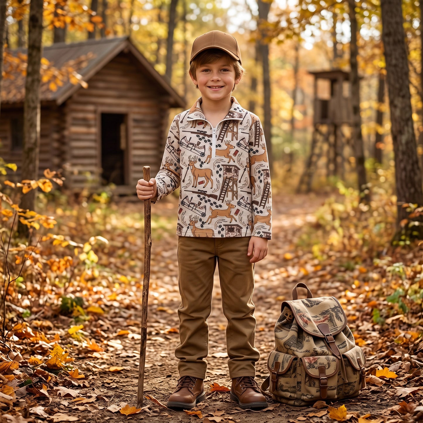 Baby Boys Khaki Long Sleeve Deer Hunting Pockets Zip Pullovers Top