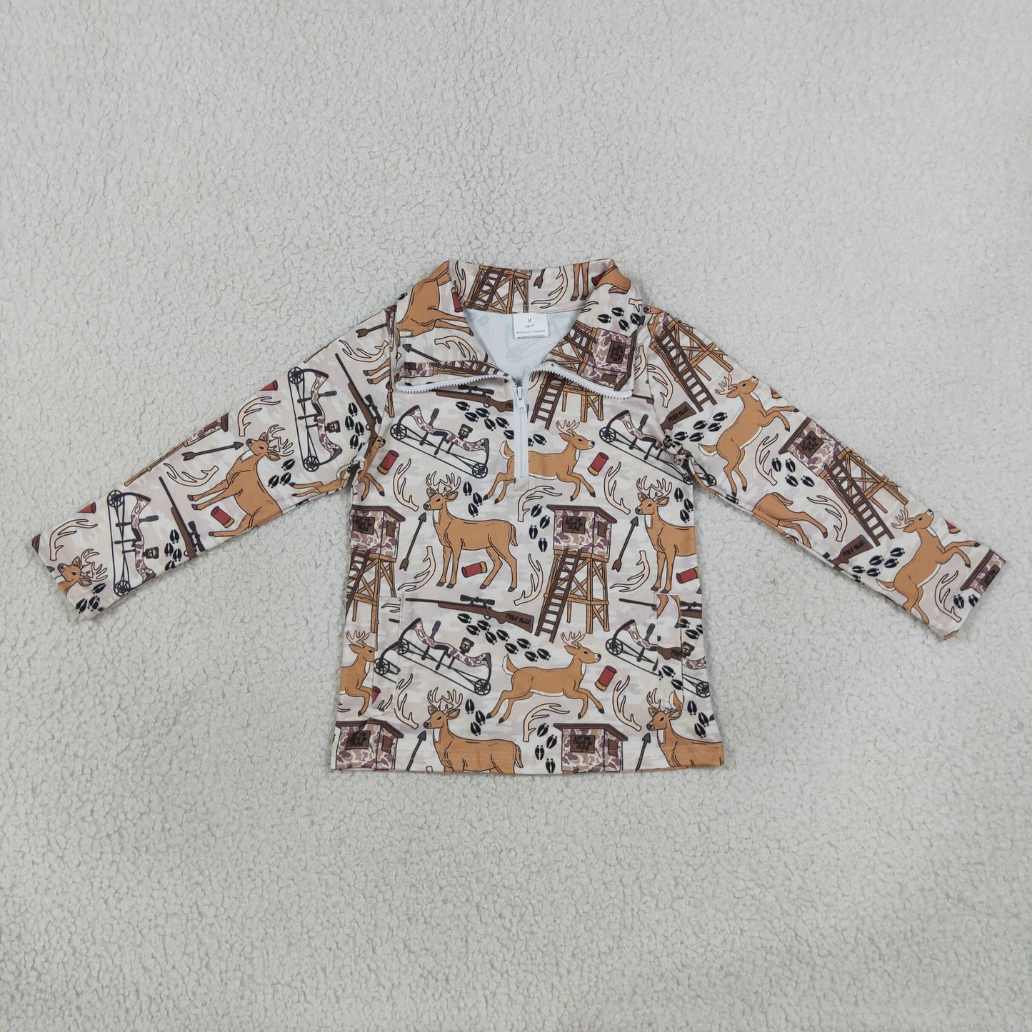 Baby Boys Khaki Long Sleeve Deer Hunting Pockets Zip Pullovers Top