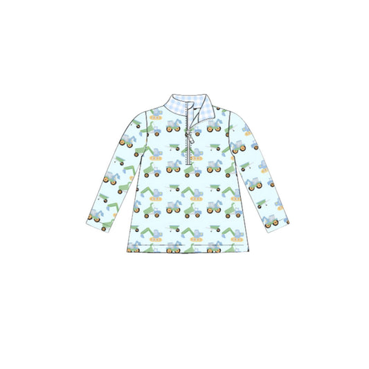 Baby Boys Aqua Long Sleeve Excavators Tractors Zipper Pullovers Top Preorder