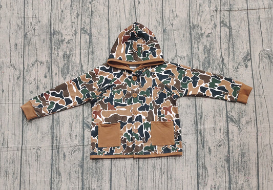 Baby Boys Dark Brown Camo Button Pockets Hooded Hunting Jackets Tops Preorder