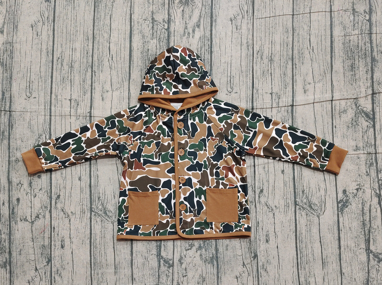 Baby Boys Dark Brown Camo Button Pockets Hooded Hunting Jackets Tops Preorder