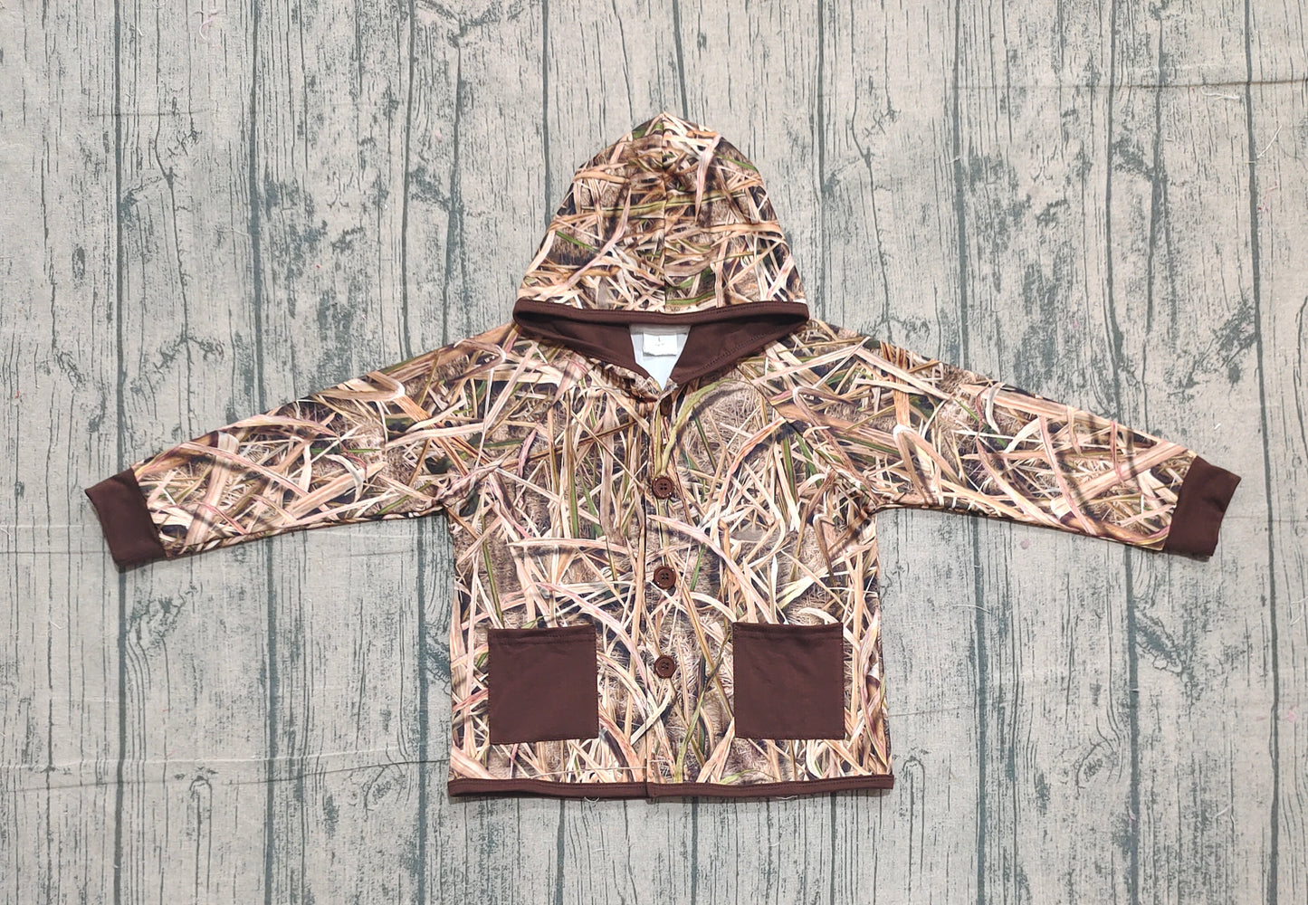 Baby Boys Leaves Camo Button Pockets Hooded Hunting Jackets Tops Preorder