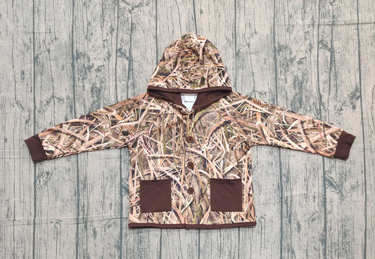 Baby Boys Leaves Camo Button Pockets Hooded Hunting Jackets Tops Preorder