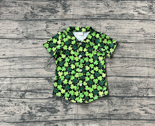 Baby Boys Green Clovers Plaid Button St Patrick Shirts Top Preorder