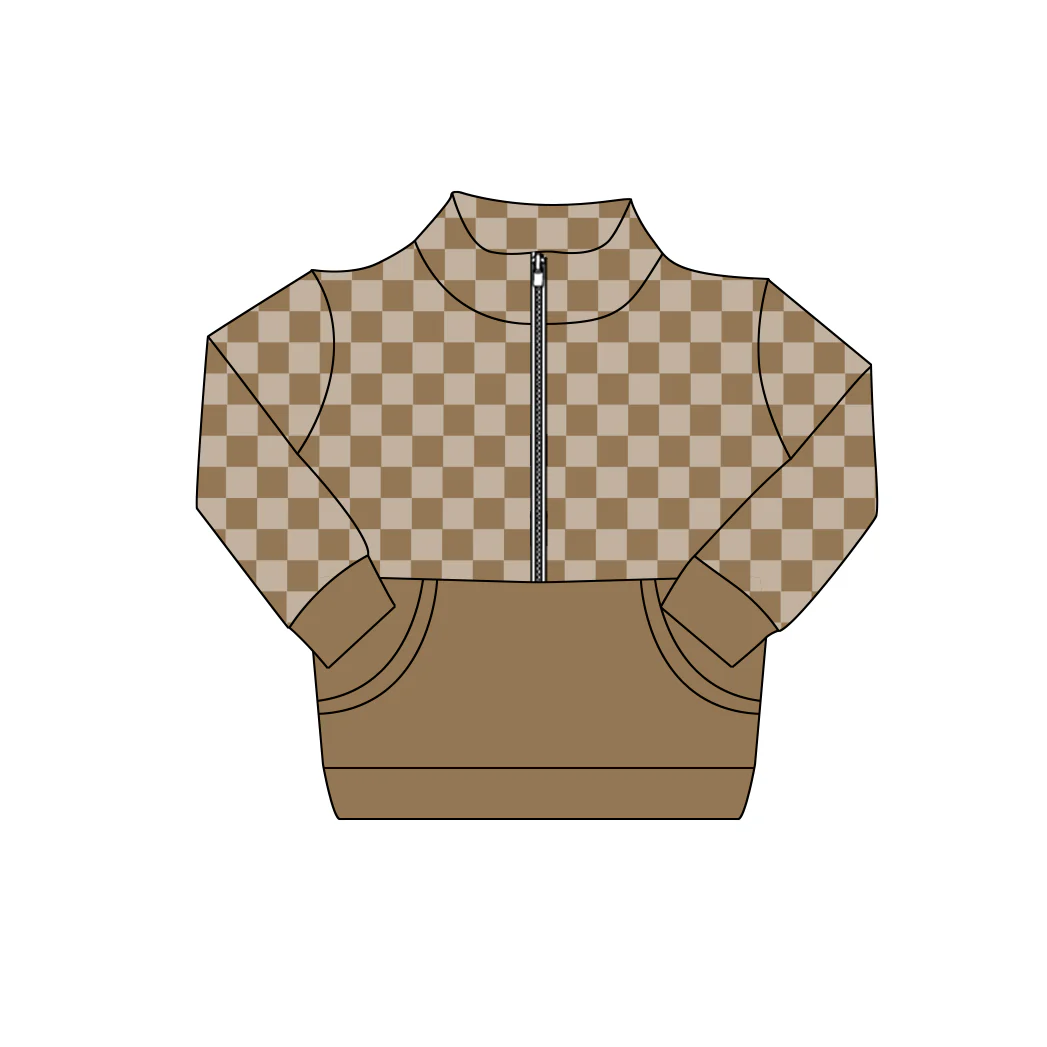 Baby Boys Khaki Checked Long Sleeve Zipper Pockets Pullovers Top Preorder