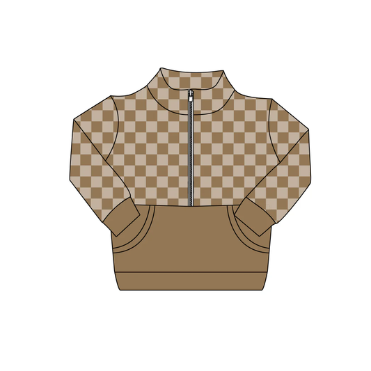 Baby Boys Khaki Checked Long Sleeve Zipper Pockets Pullovers Top Preorder
