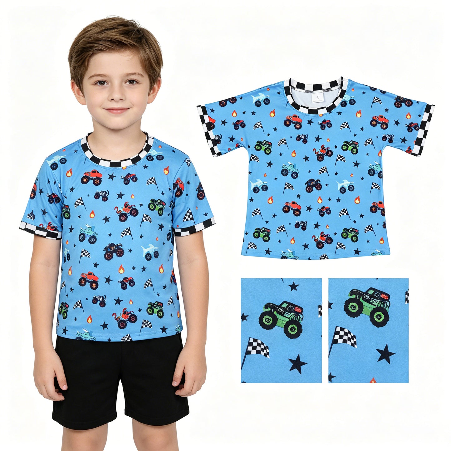 Baby Boys Blue Short Sleeve Motor Cars Flags 4th of July T-shirts Top