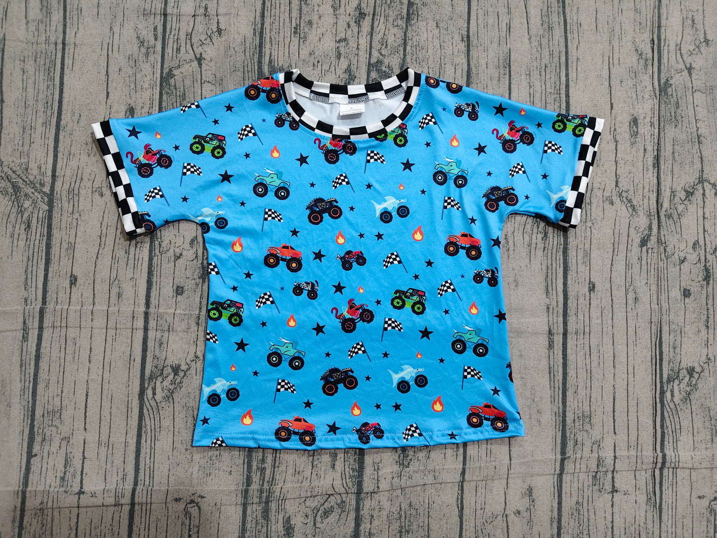 Baby Boys Blue Short Sleeve Motor Cars Flags 4th of July T-shirts Top