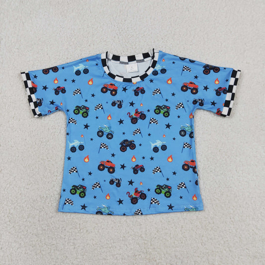 Baby Boys Blue Short Sleeve Motor Cars Flags 4th of July T-shirts Top
