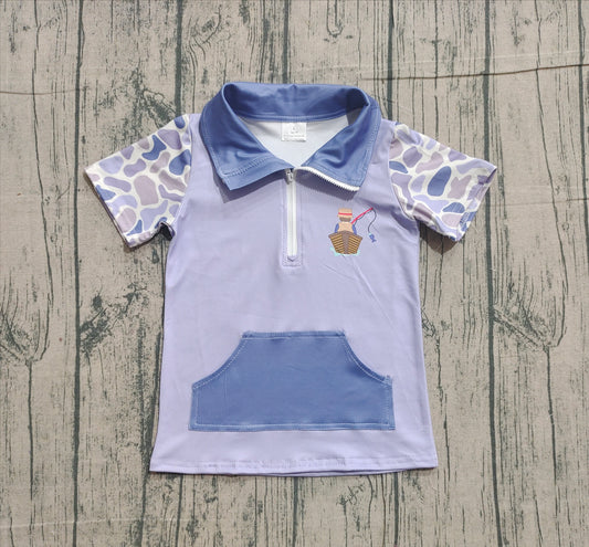 Baby Boys Blue Camo Short Sleeve Fishing Zipper Pockets Hunting Pullovers Top Preorder
