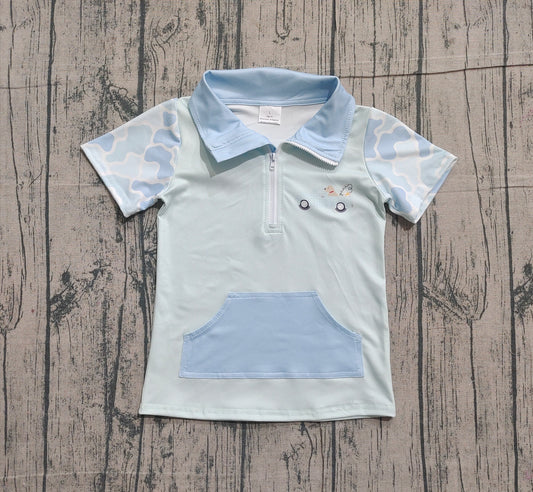 Baby Boys Light Blue Camo Short Sleeve Dog Fishing Zipper Pockets Hunting Pullovers Top Preorder