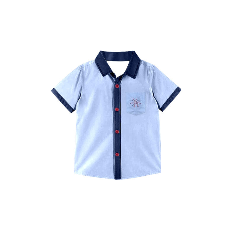 Baby Boys Blue Short Sleeve Fireworks Pocket Button July 4th Shirts Top Preorder