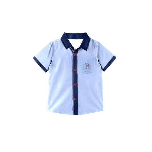 Baby Boys Blue Short Sleeve Fireworks Pocket Button July 4th Shirts Top Preorder