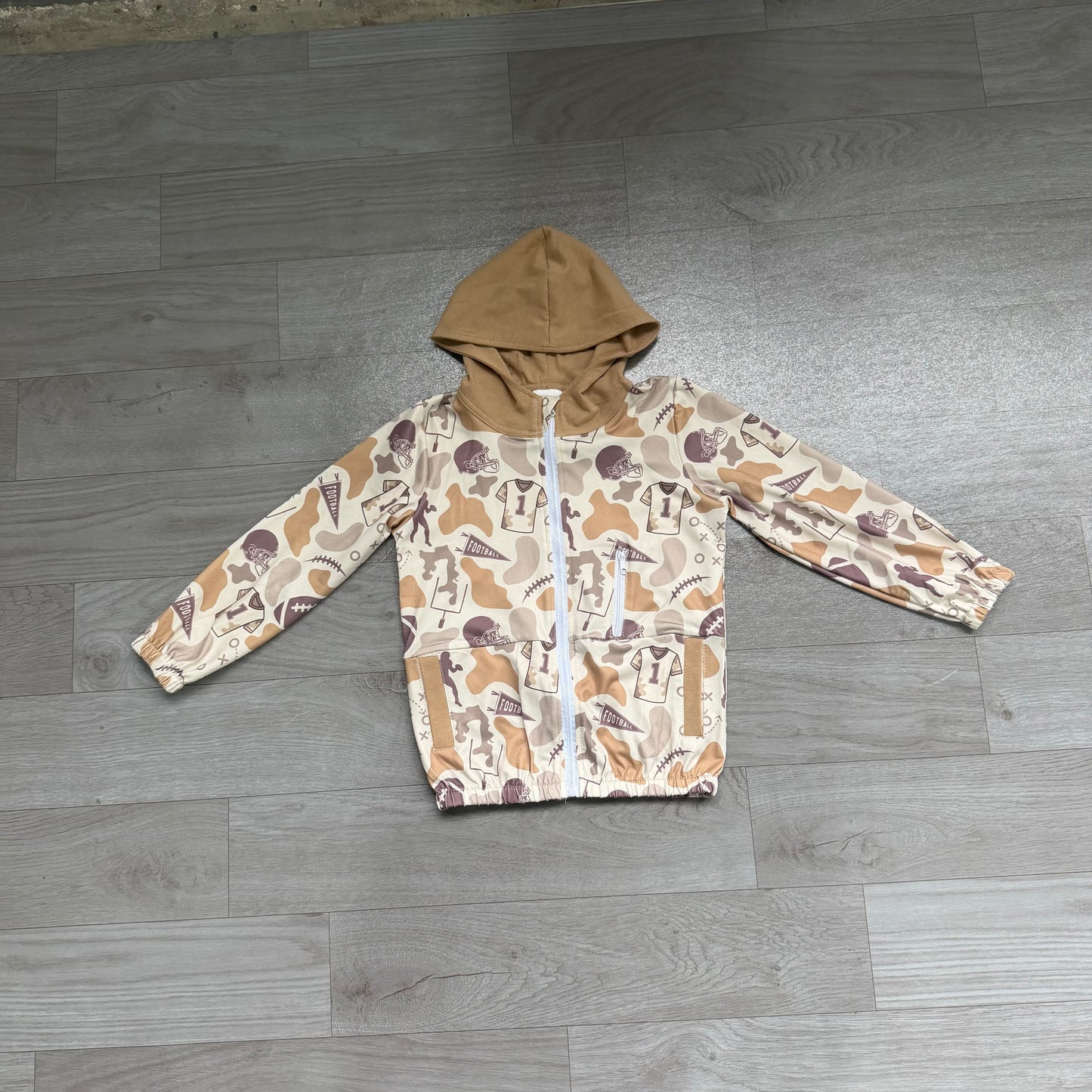 Baby Boys Khaki Camo Footballs Hunting Pockets Zip Hoodie Jackets Preorder