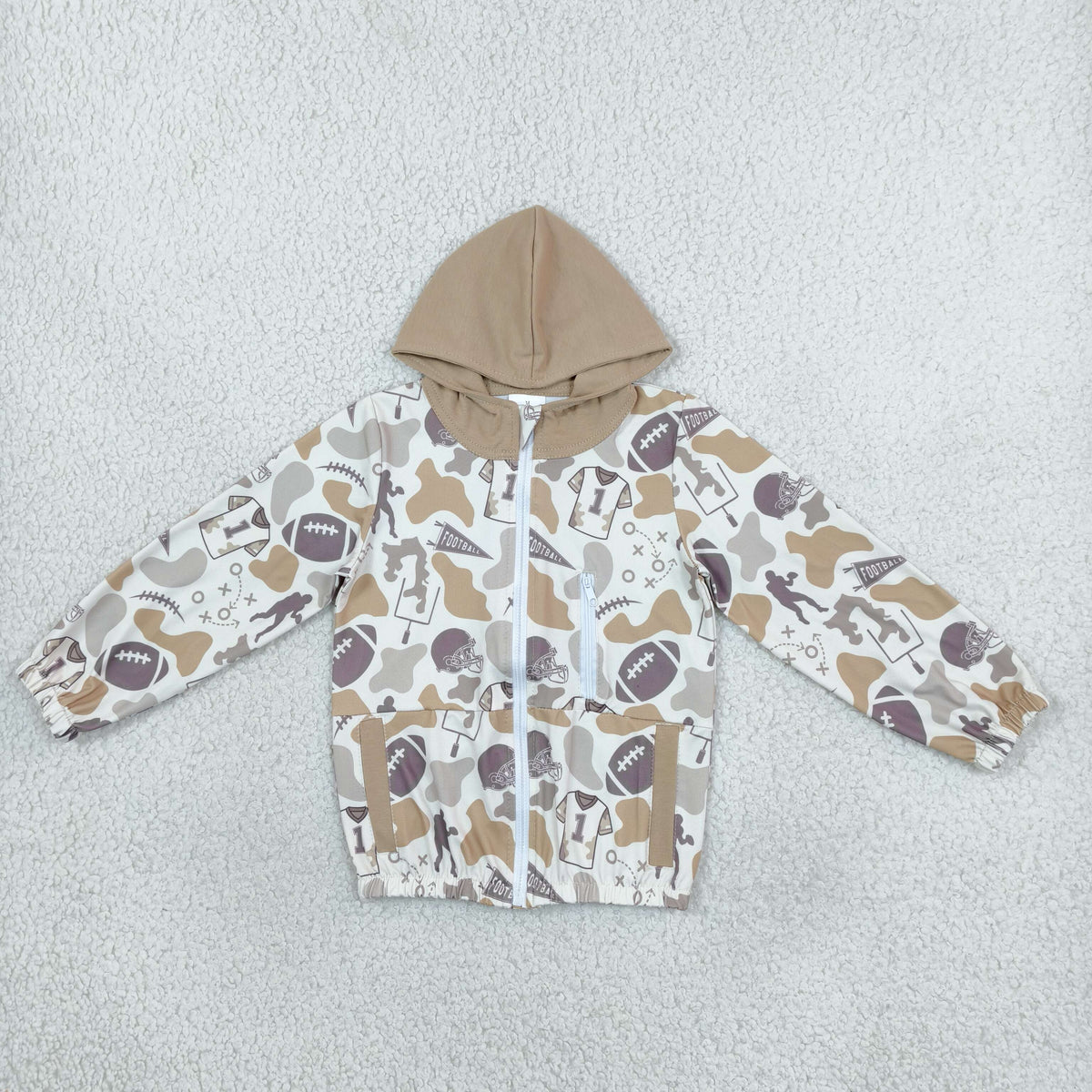 Baby Boys Khaki Camo Footballs Team Pockets Zip Hoodie Jackets Top