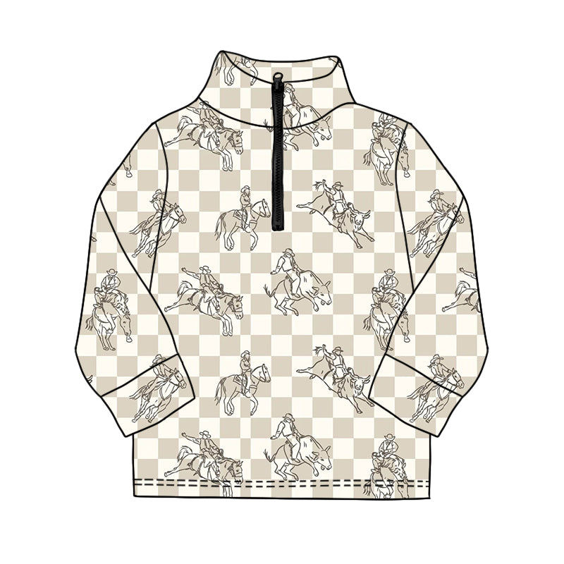 Baby Boys Long Sleeve Western Horse Rodeos Checked Zipper Pullovers Top Preorder