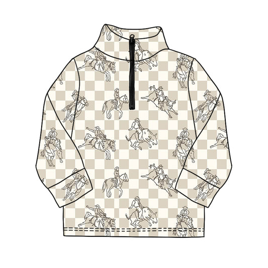 Baby Boys Long Sleeve Western Horse Rodeos Checked Zipper Pullovers Top Preorder