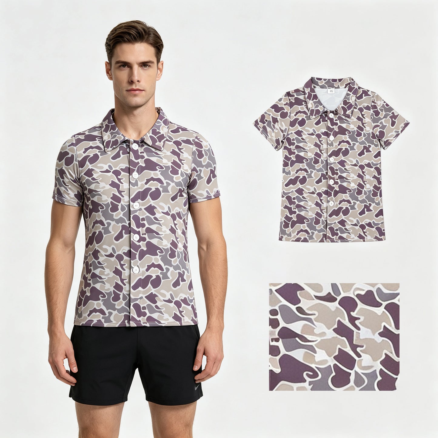 Adult Men Short Sleeve Southern Grey Camo Button Shirts Top