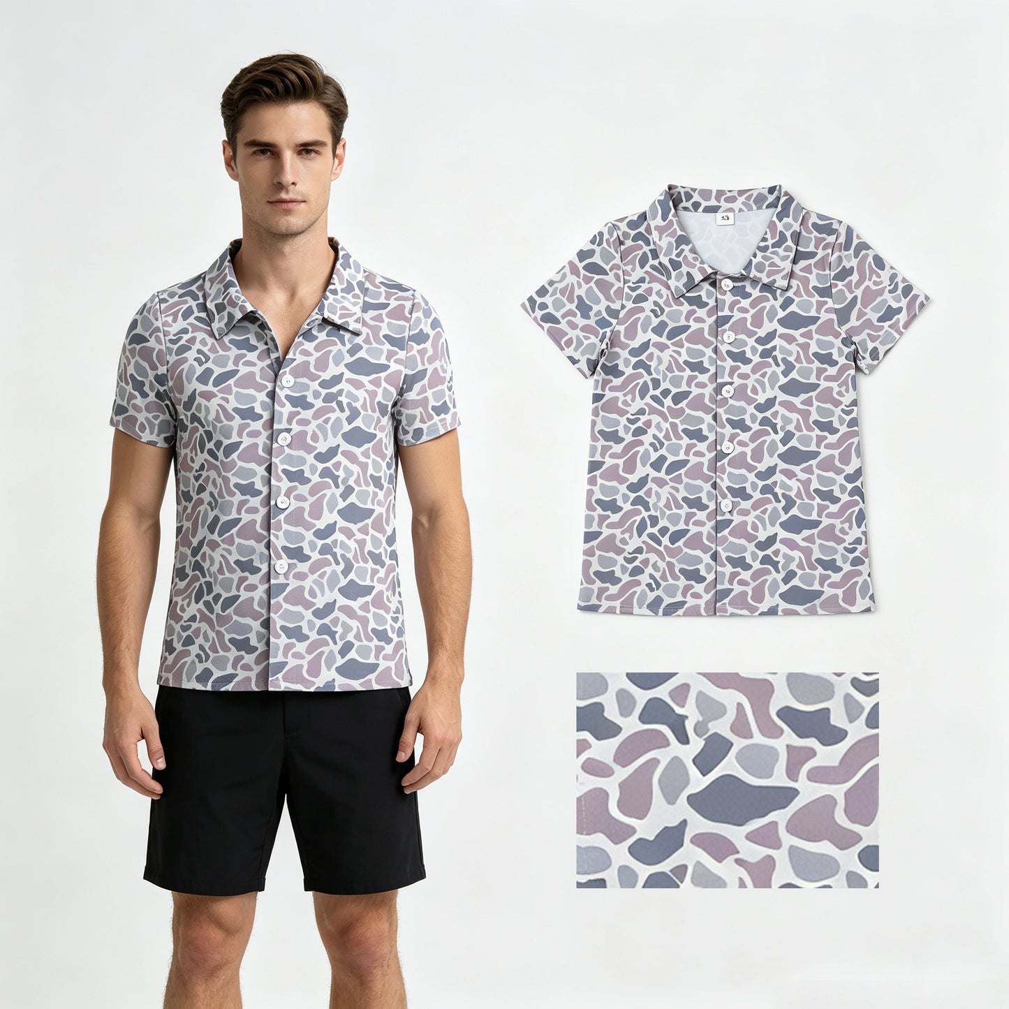 Adult Men Short Sleeve Light Grey Camo Button Polo Shirts Top