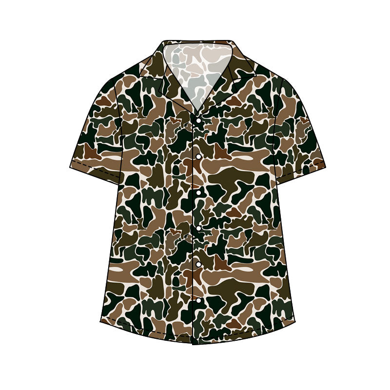 Adult Men Short Sleeve Southern Dark Brown Camo Button Shirts Top Preorder