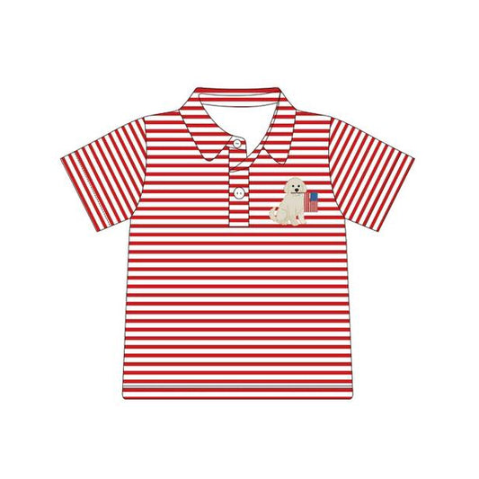 Baby Boys Red Stripe Dogs Flags 4th of July Button Polo Shirts Top Preorder