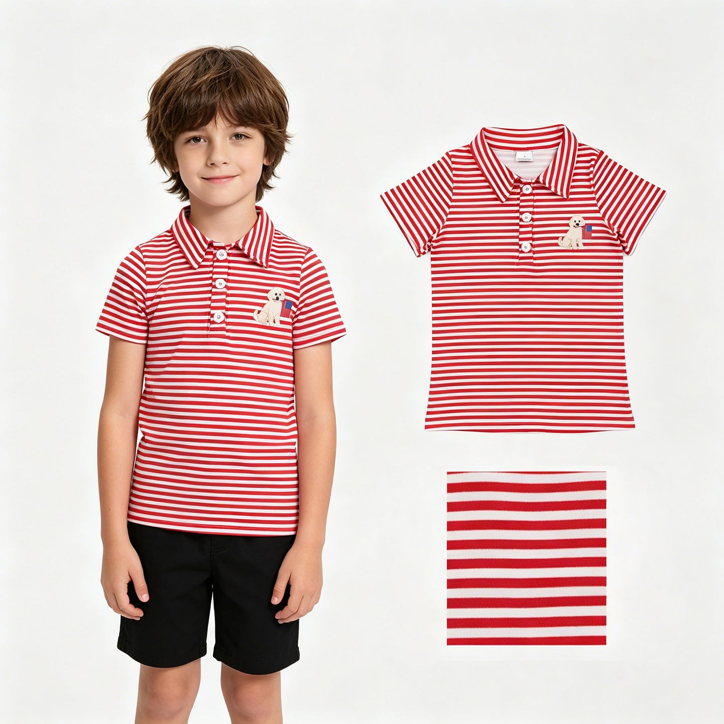 Baby Boys Red Stripe Dogs Flags 4th of July Button Polo Shirts Top