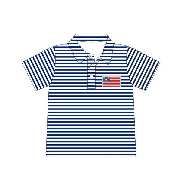 Baby Boys Navy Stripe Flags 4th of July Button Polo Shirts Top Preorder