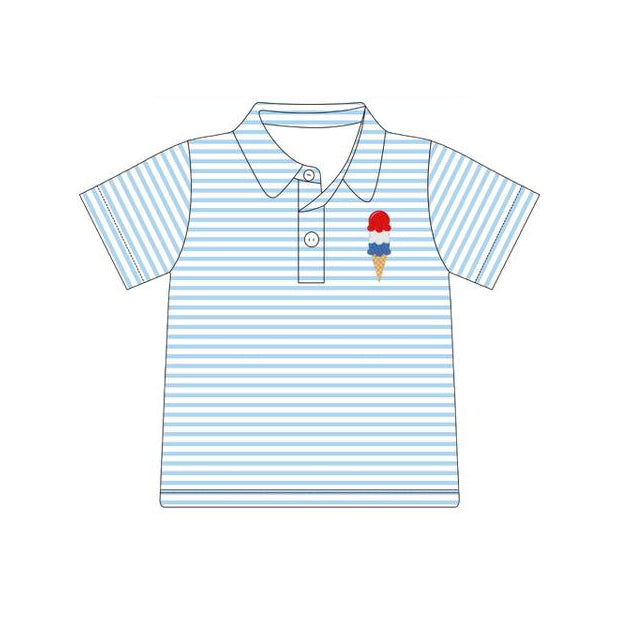 Baby Boys Light Blue Stripe Ice Cream 4th of July Button Polo Shirts Top Preorder